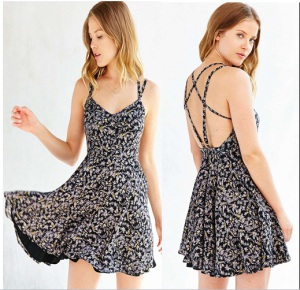 European Latest Sexy Fashion Backless Flower Print Lady Dress